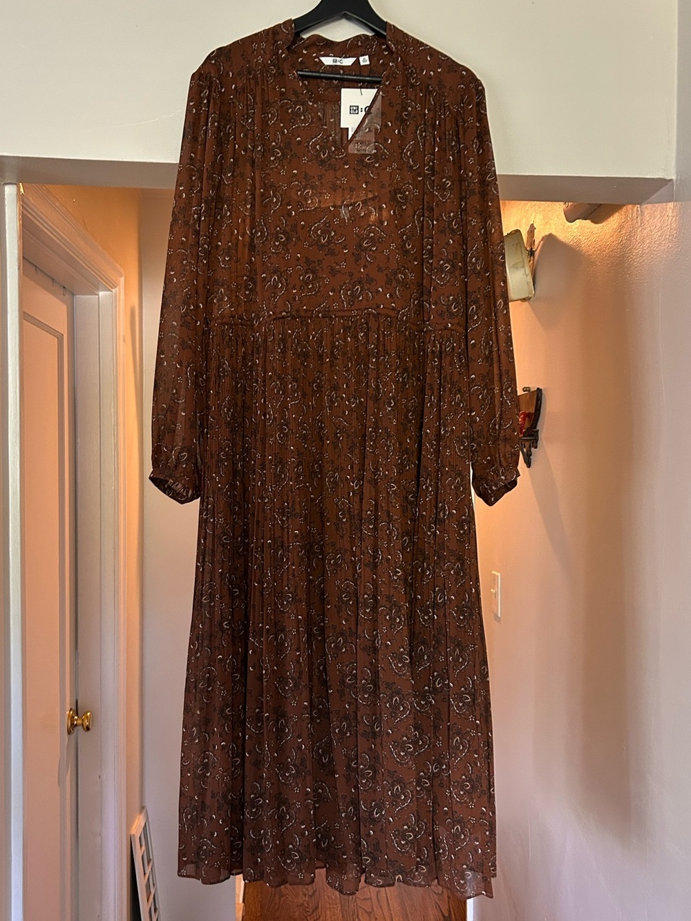 Brown Paisley Sheer Pleated Midi Dress